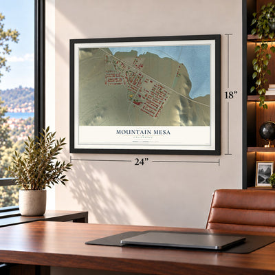 Mountain Mesa, California map, 18 x 24 inch print in a black frame in a home office