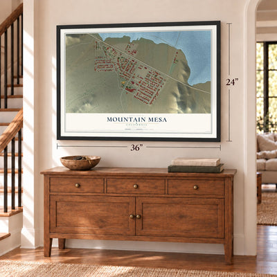 Mountain Mesa, California map, 24 x 36 inch print in a black frame above a dresser by a staircase