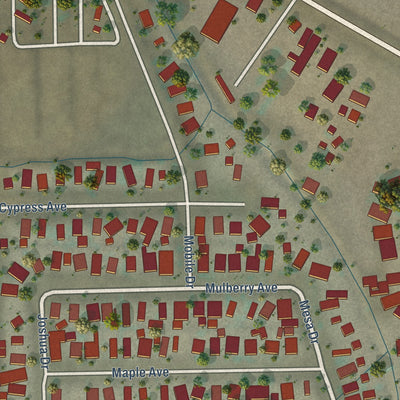 Close-up of the map of Mountain Mesa, California print showing street and building detail