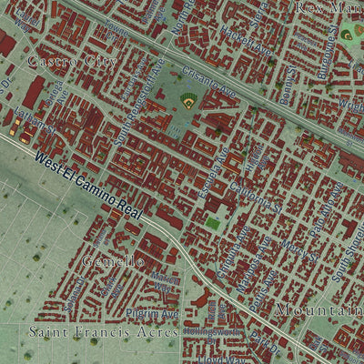 Second close-up of the map of Mountain View, California print showing more streets and buildings