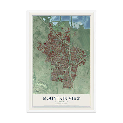 Map of Mountain View, California, 12 x 18 inch print in a white wood frame