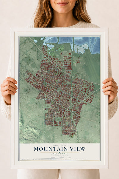 Map of Mountain View, California, 18 x 24 inch print in a white wood frame
