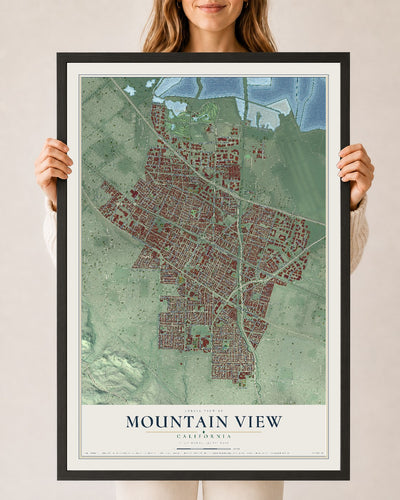 Map of Mountain View, California, 24 x 36 inch print in a black wood frame
