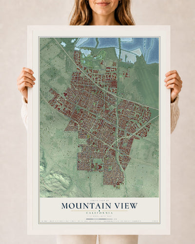 Map of Mountain View, California, 24 x 36 inch print in a white wood frame