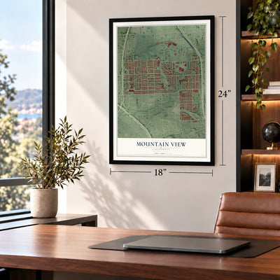 Mountain View, San Diego, California map, 18 x 24 inch print in a black frame in a home office