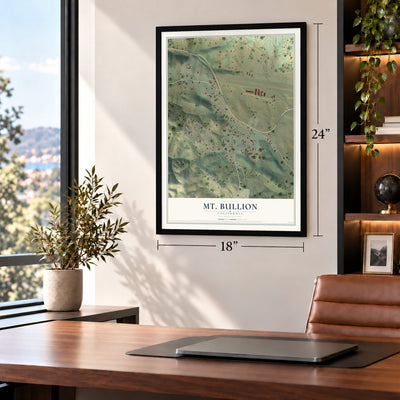 Mt. Bullion, California map, 18 x 24 inch print in a black frame in a home office