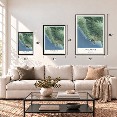 Muir Beach, California map in 12 x 18, 18 x 24 and 24 x 36 inch sizes above a sofa