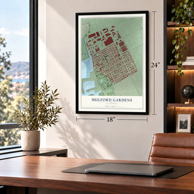 Mulford Gardens, California map, 18 x 24 inch print in a black frame in a home office