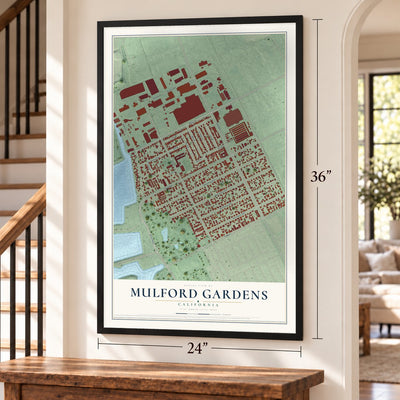 Mulford Gardens, California map, 24 x 36 inch print in a black frame by a staircase