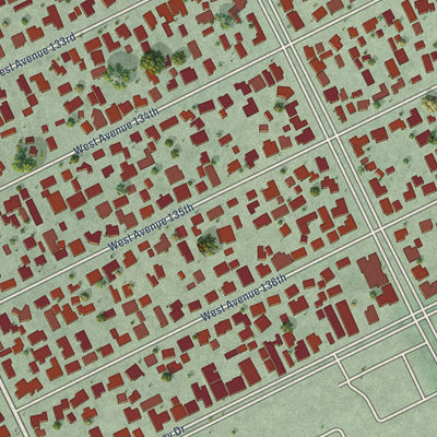 Close-up of the map of Mulford Gardens, California print showing street and building detail
