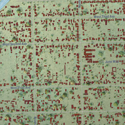 Close-up of the map of Muscoy, California print showing street and building detail