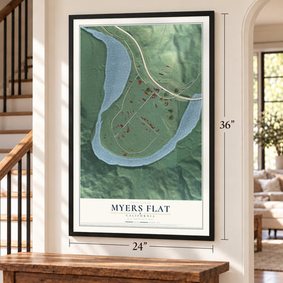 Myers Flat, California map, 24 x 36 inch print in a black frame by a staircase