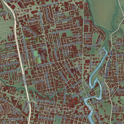 Close-up of the map of Napa, California print showing street and building detail