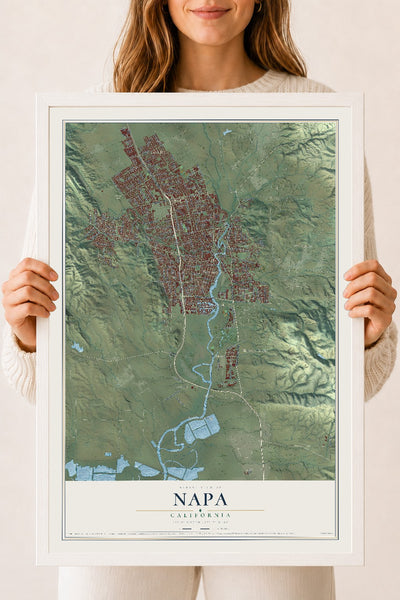Map of Napa, California, 18 x 24 inch print in a white wood frame