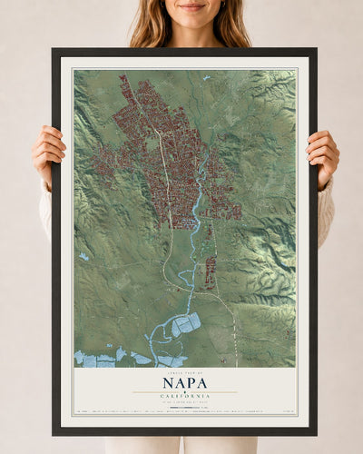 Map of Napa, California, 24 x 36 inch print in a black wood frame