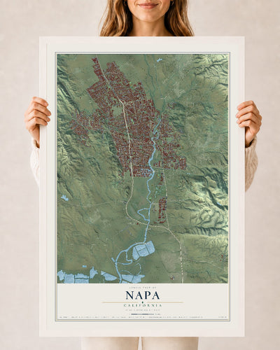 Map of Napa, California, 24 x 36 inch print in a white wood frame