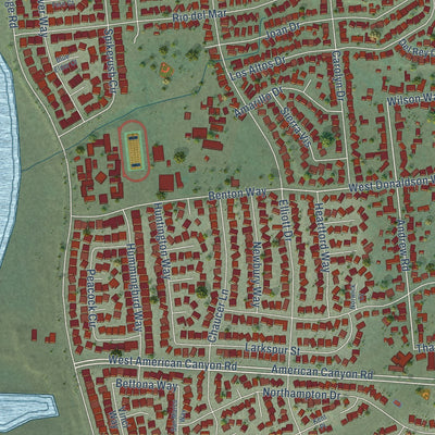 Close-up of the map of Napa Junction, California print showing street and building detail