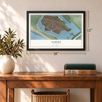 Naples, California map, 12 x 18 inch print in a black frame in an entryway