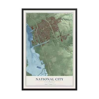 Map of National City, California, 12 x 18 inch print in a black wood frame