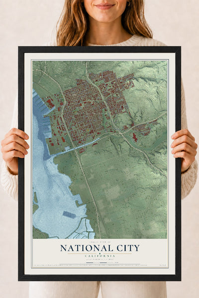 Map of National City, California, 18 x 24 inch print in a black wood frame