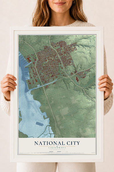 Map of National City, California, 18 x 24 inch print in a white wood frame