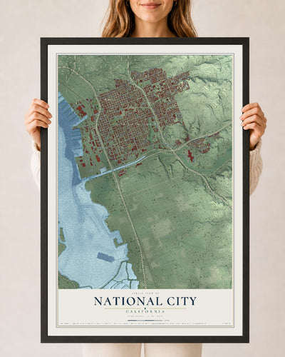 Map of National City, California, 24 x 36 inch print in a black wood frame