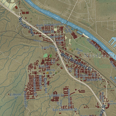 Second close-up of the map of Needles, California print showing more streets and buildings