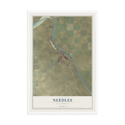 Map of Needles, California, 12 x 18 inch print in a white wood frame