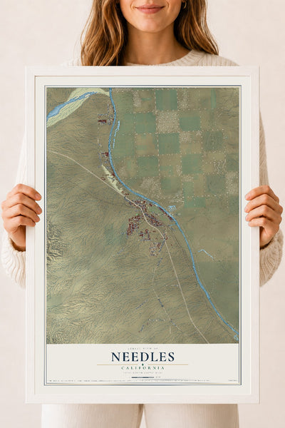 Map of Needles, California, 18 x 24 inch print in a white wood frame