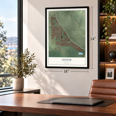 Nestor, California map, 18 x 24 inch print in a black frame in a home office