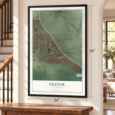 Nestor, California map, 24 x 36 inch print in a black frame by a staircase