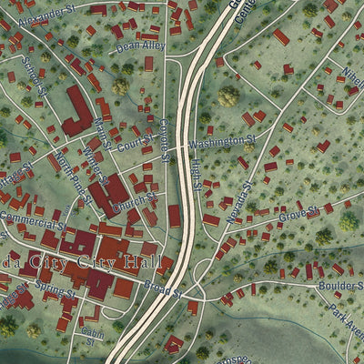 Close-up of the map of Nevada City, California print showing street and building detail