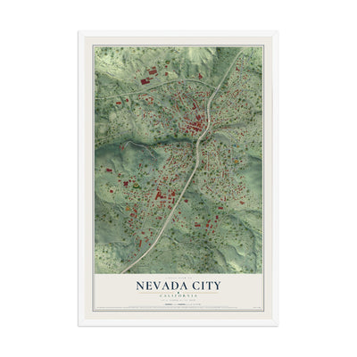 Map of Nevada City, California, 12 x 18 inch print in a white wood frame