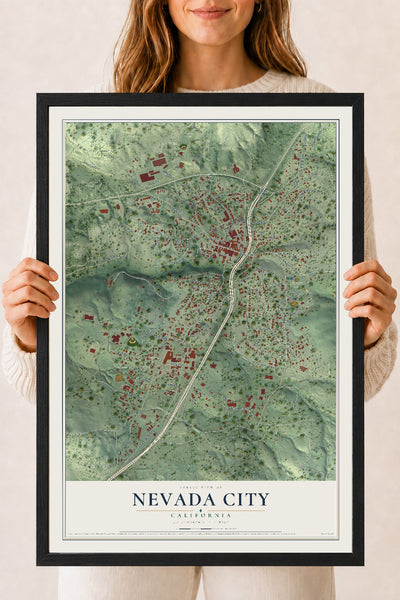Map of Nevada City, California, 18 x 24 inch print in a black wood frame
