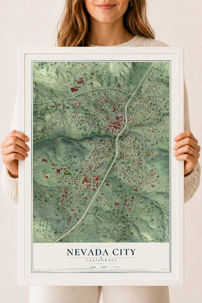 Map of Nevada City, California, 18 x 24 inch print in a white wood frame