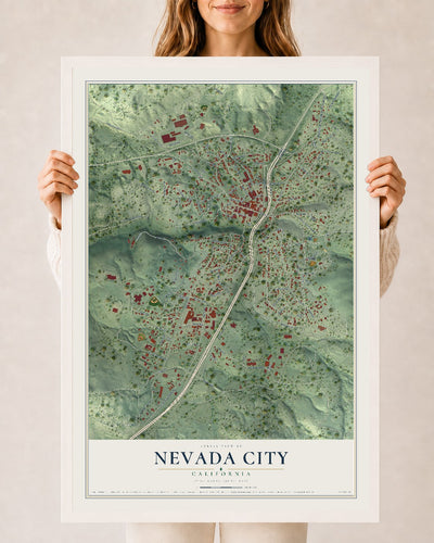 Map of Nevada City, California, 24 x 36 inch print in a white wood frame