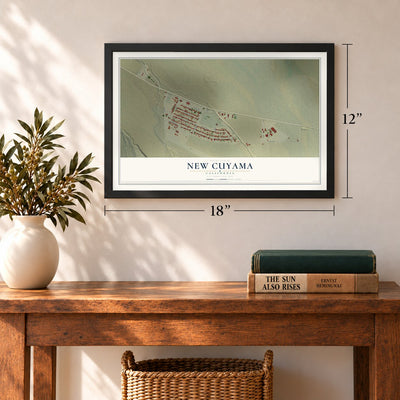 New Cuyama, California map, 12 x 18 inch print in a black frame in an entryway