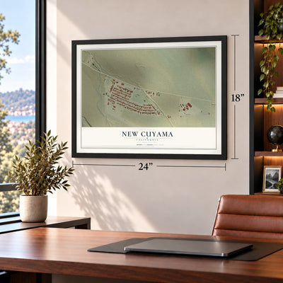 New Cuyama, California map, 18 x 24 inch print in a black frame in a home office