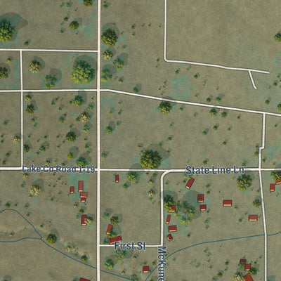 Close-up of the map of New Pine Creek, California print showing street and building detail