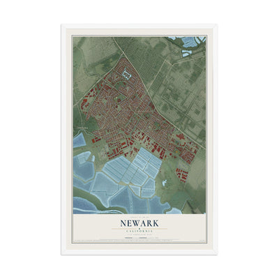 Map of Newark, California, 12 x 18 inch print in a white wood frame