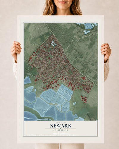 Map of Newark, California, 24 x 36 inch print in a white wood frame