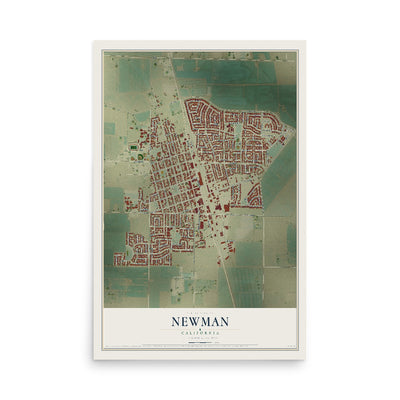 Map of Newman, California, 12 x 18 inch unframed archival matte print