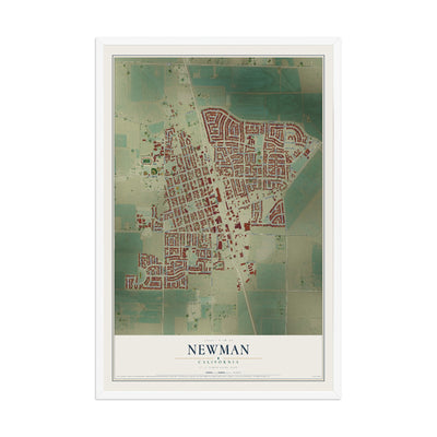 Map of Newman, California, 12 x 18 inch print in a white wood frame
