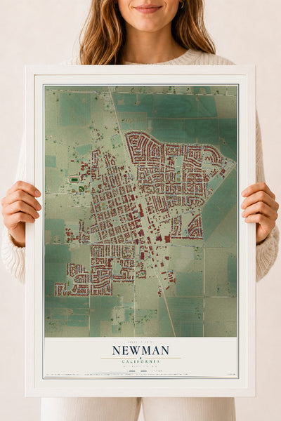 Map of Newman, California, 18 x 24 inch print in a white wood frame