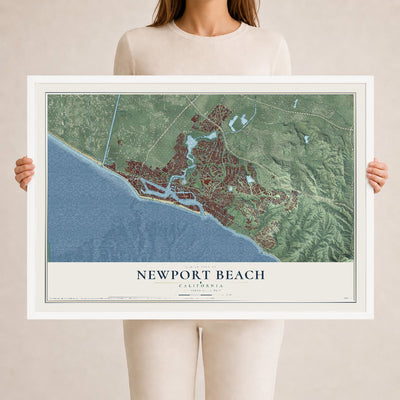 Map of Newport Beach, California, 24 x 36 inch print in a white wood frame