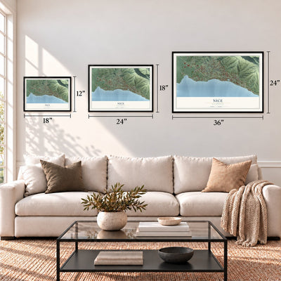 Nice, California map in 12 x 18, 18 x 24 and 24 x 36 inch sizes above a sofa