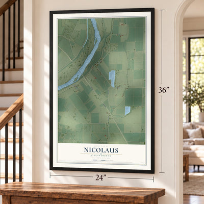 Nicolaus, California map, 24 x 36 inch print in a black frame by a staircase