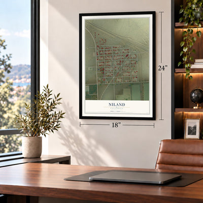 Niland, California map, 18 x 24 inch print in a black frame in a home office