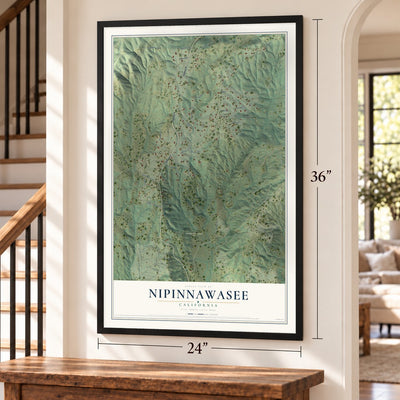Nipinnawasee, California map, 24 x 36 inch print in a black frame by a staircase