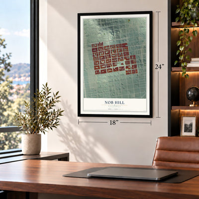 Nob Hill, California map, 18 x 24 inch print in a black frame in a home office